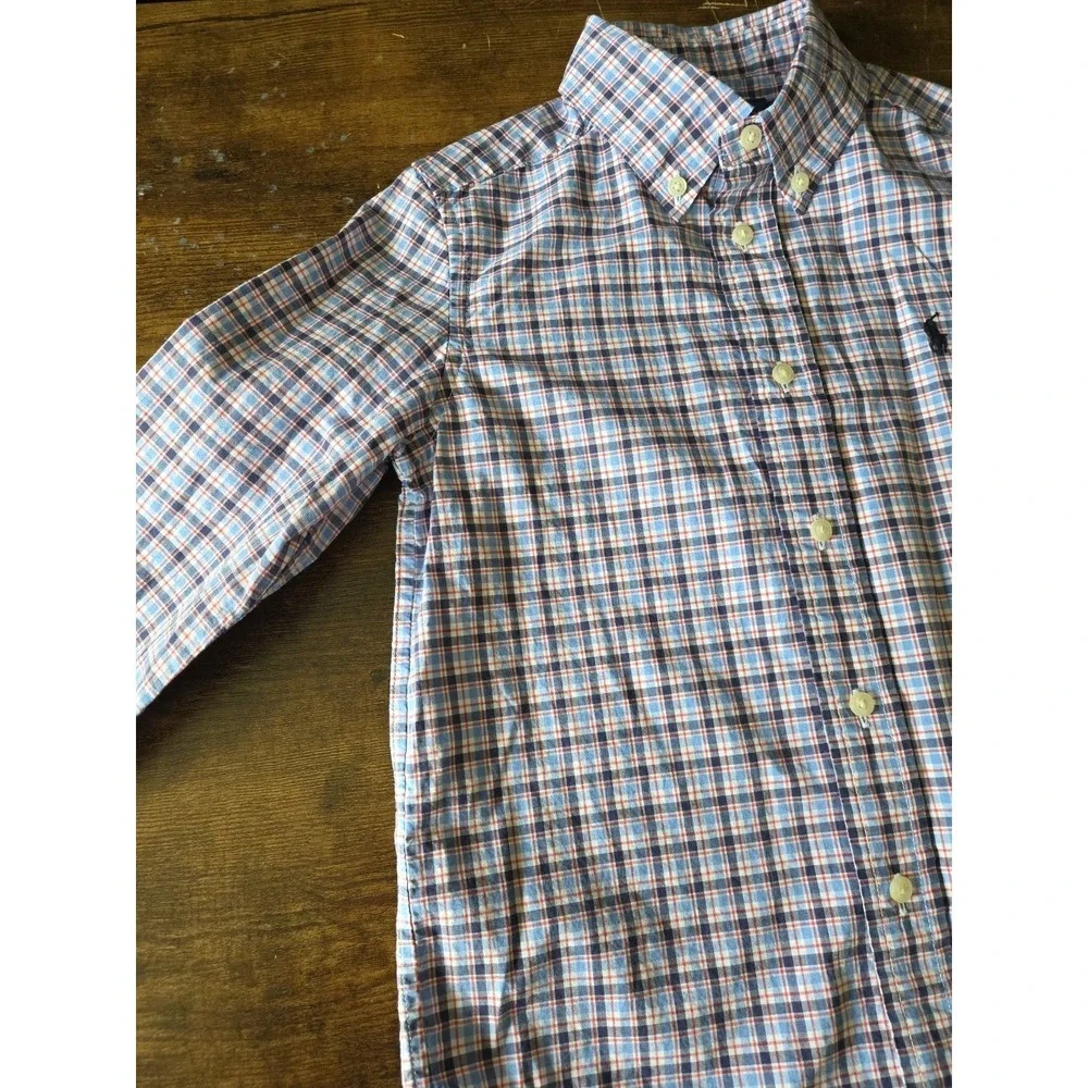 Polo Ralph Lauren Natural Stretch Boys 5 Oxford‎ Shirt Plaid Button Up Pony Logo